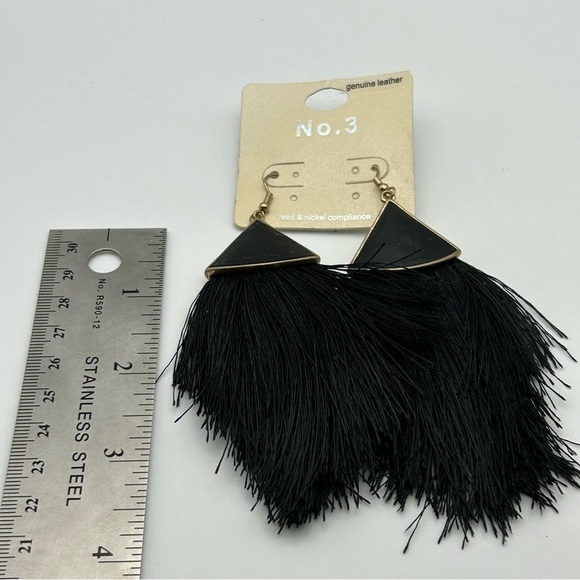 No. 3 Black Genuine Leather Dangle Large Tassel Earrings Gold Tone Hook - Picture 4 of 4